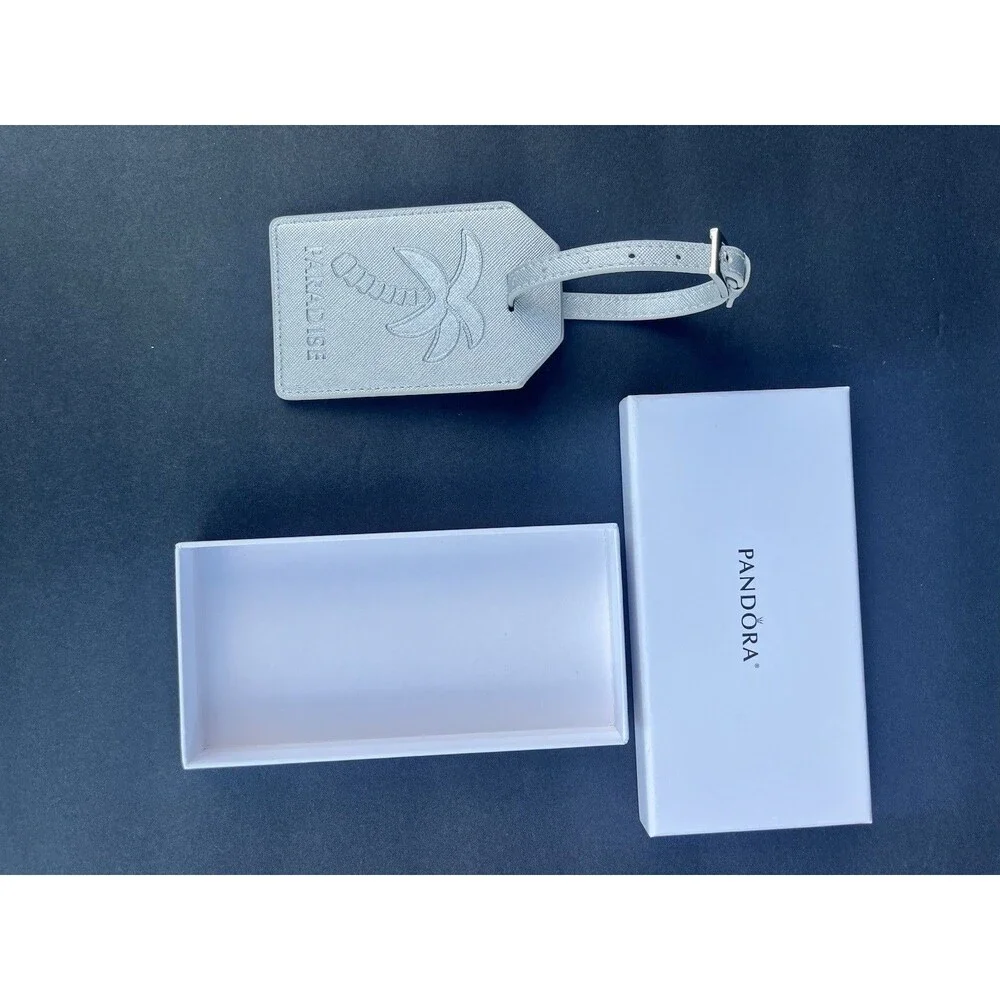 Rare PANDORA Caribbean Exclusive PARADISE silver luggage travel tag Palm TreeNIB